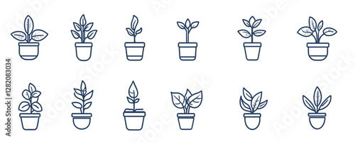 Flat vector icons set of potted plants in minimal line art style.