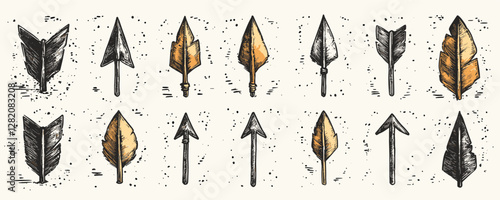 Flat linear arrowheads icons set with feathers and spearheads.