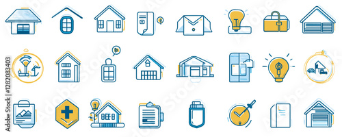 Flat vector icons set of home, office, and business essentials with linear style design.