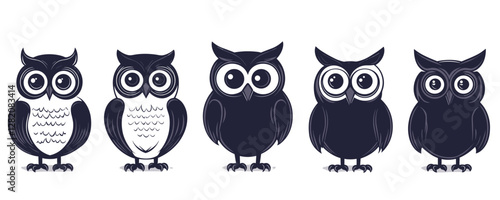 Flat linear icons set of cute owls in vector style.