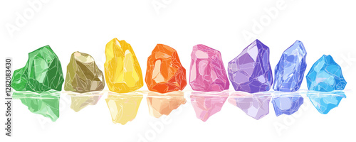 Flat style colorful gemstones icons set with reflections.