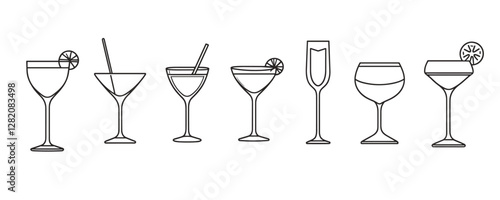 Flat linear cocktail glasses icons set featuring various drink styles.