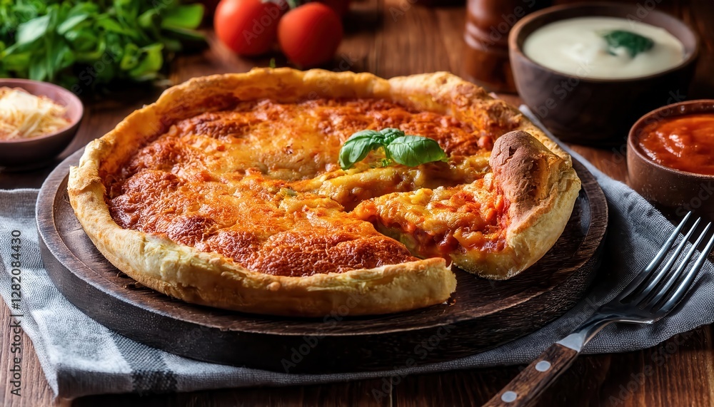 Delicious Chicago deep dish pizza served on rustic wooden table with natural lighting and fresh ingredients Delicious Chicago deep dish pizza served on rustic wooden table with natural lighting and fresh ingredients