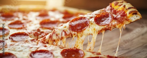 High Detail Shot of Dripping Slice of Pepperoni Pizza Freshly Baked