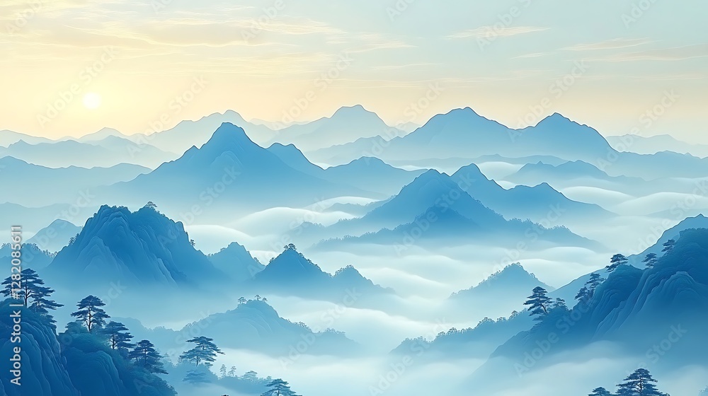 Fototapeta premium Mist filling a mountain valley with clouds swirling overhead, casting soft shadows on the ridgelines.
