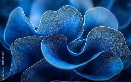 Close-up of intricate, vibrant blue flower petals, macro shot, soft light