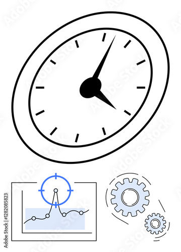 Clock face shows passing time, paired with analytics graph and interconnected gears. Ideal for productivity, time tracking, project management, workflow, scheduling, business strategy, abstract line