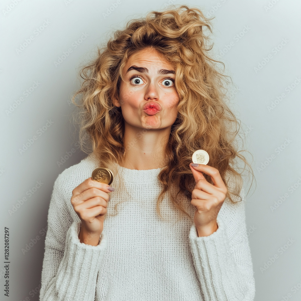 A young woman holds two coins, inflation concept A young woman holds two coins, inflation concept