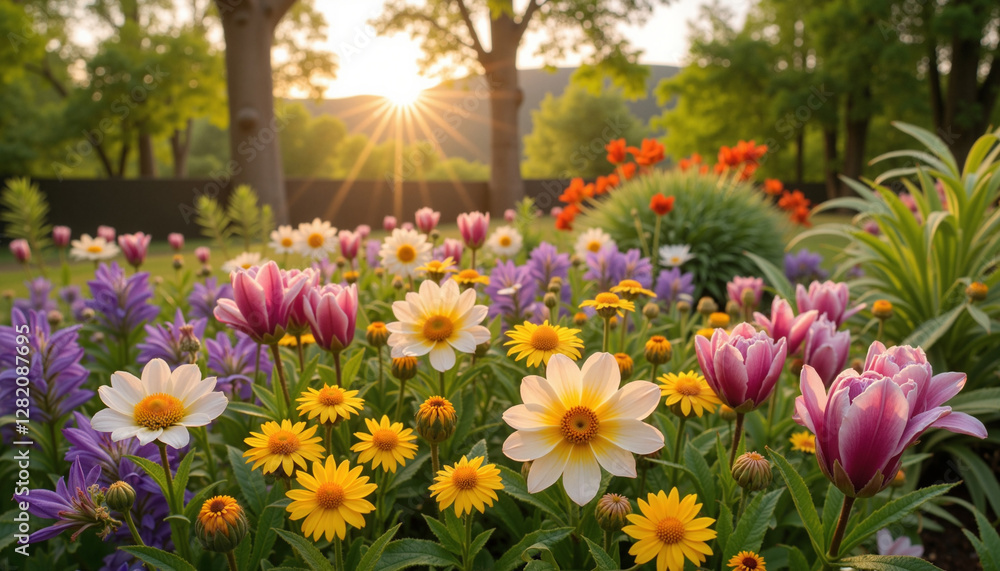 Vibrant flower garden at sunset with sunlight rays and colorful blossoms, copy space Vibrant flower garden at sunset with sunlight rays and colorful blossoms, copy space