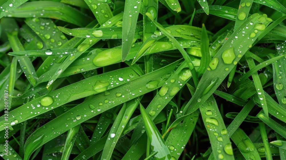 A close-up view of fresh grass with water droplets on its leaves, capturing the morning dew’s delicate beauty in nature. A close-up view of fresh grass with water droplets on its leaves, capturing the morning dew’s delicate beauty in nature.