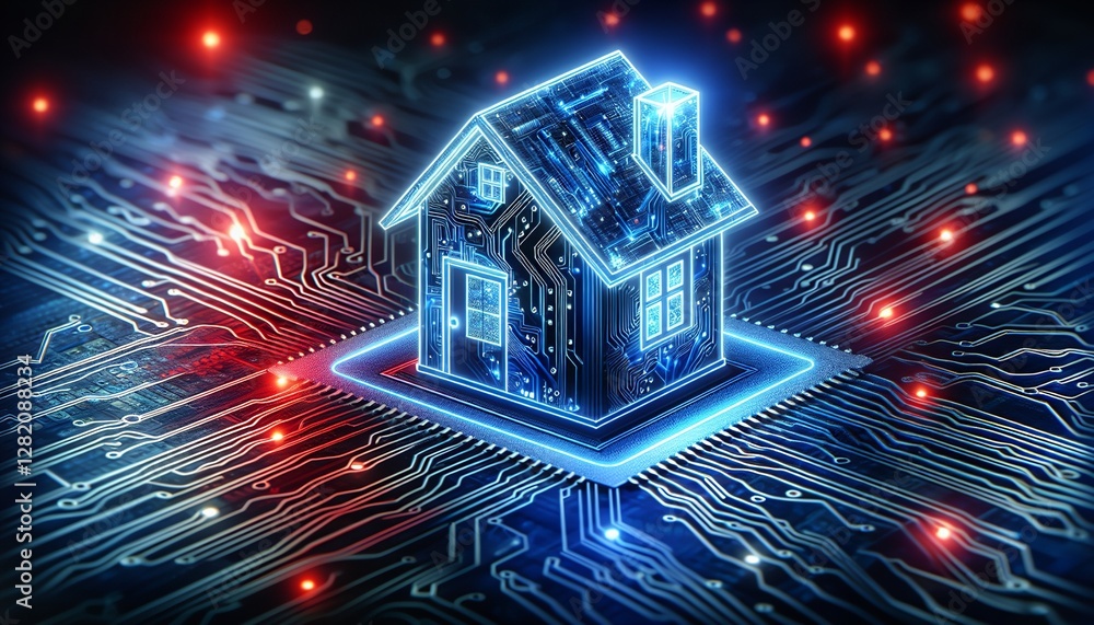 A smart home technology concept featuring an interior design with blue digital holographic lines and a house built of circuits and wires. A smart home technology concept featuring an interior design with blue digital holographic lines and a house built of circuits and wires.