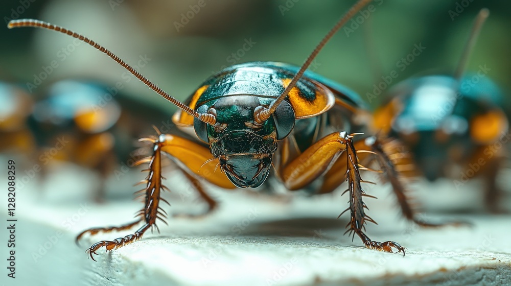 Close-up of a vibrant cockroach showcasing intricate details and textures in a natural setting Close-up of a vibrant cockroach showcasing intricate details and textures in a natural setting