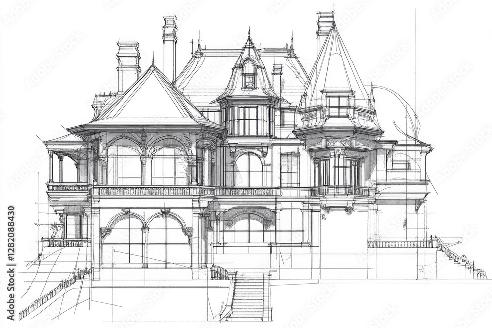 Obraz premium Modern castle house blueprint featuring a blend of classic and contemporary styles