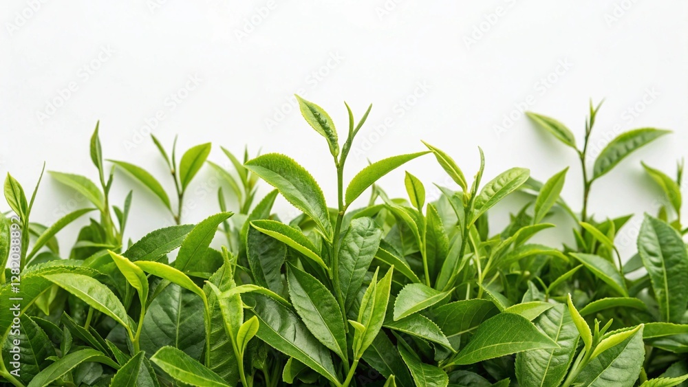 Fototapeta premium Fresh Green Tea Leaves on White Background