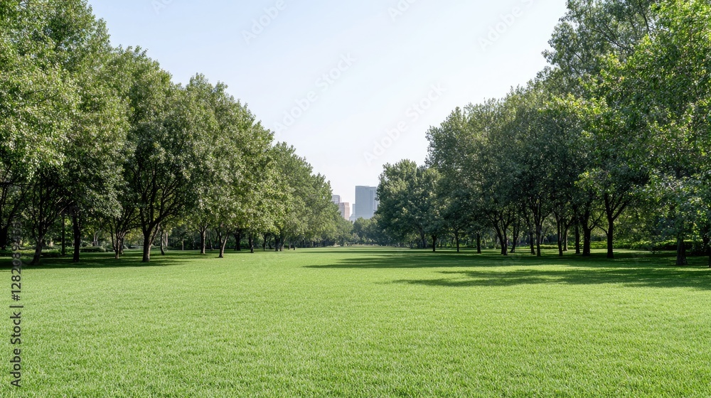 Fototapeta premium Lush green lawn lined with tall trees in a city park on a bright sunny day.