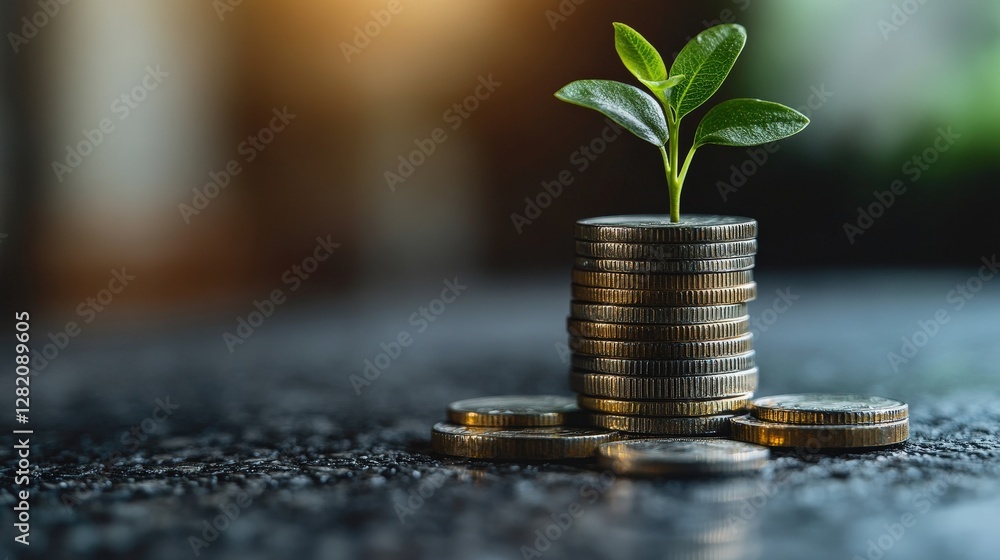 A small green plant growing from a stack of coins on a dark surface, symbolizing financial growth (2) A small green plant growing from a stack of coins on a dark surface, symbolizing financial growth (2)