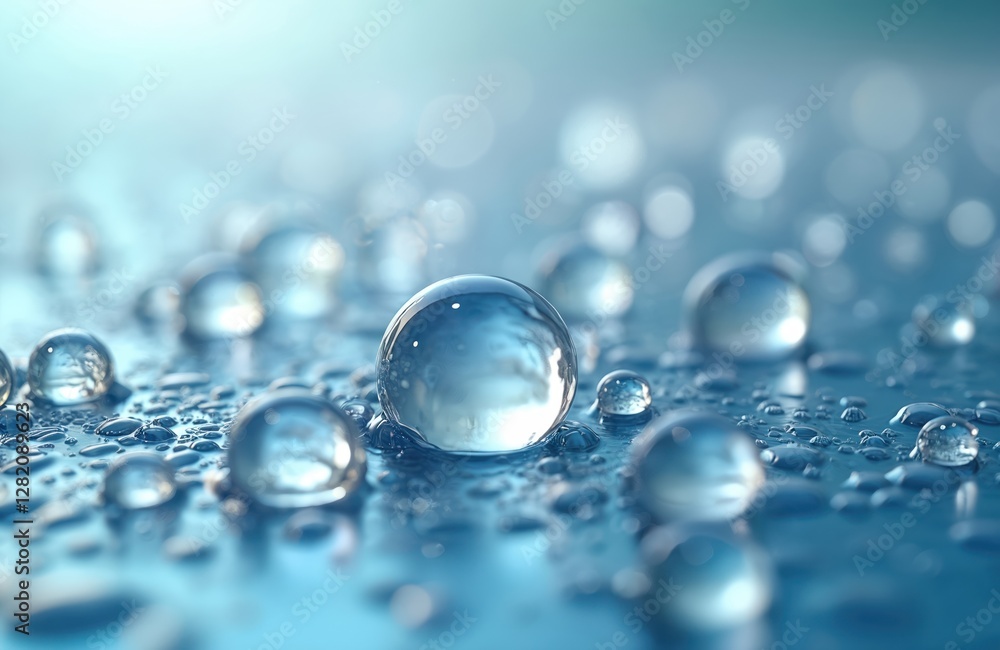 Water droplets and shiny bubbles on blue surface. Clean liquid spheres reflecting light. Abstract fresh dew backdrop for purity concepts, cosmetics and healthcare ads. Water droplets and shiny bubbles on blue surface. Clean liquid spheres reflecting light. Abstract fresh dew backdrop for purity concepts, cosmetics and healthcare ads.