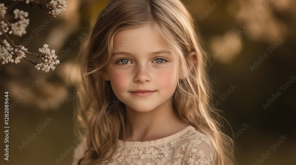 Young girl with long hair smiling in a blooming garden during golden hour Young girl with long hair smiling in a blooming garden during golden hour