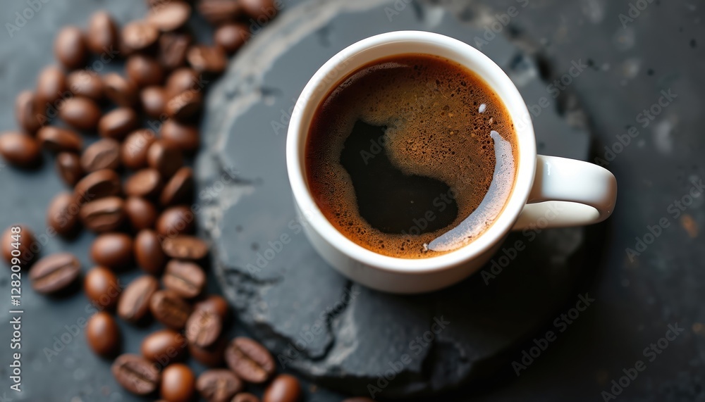 Dark aromatic coffee in white cup with scattered coffee beans on black stone. Hot brewed beverage. Energy drink for morning breakfast, with rich aroma, smooth taste. Bitter chocolate, earthy flavor, Dark aromatic coffee in white cup with scattered coffee beans on black stone. Hot brewed beverage. Energy drink for morning breakfast, with rich aroma, smooth taste. Bitter chocolate, earthy flavor,