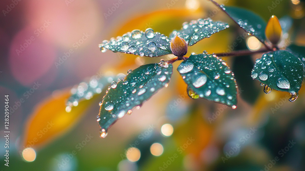 Dew drops shimmering on vibrant green leaves in a serene garden setting during morning light Dew drops shimmering on vibrant green leaves in a serene garden setting during morning light