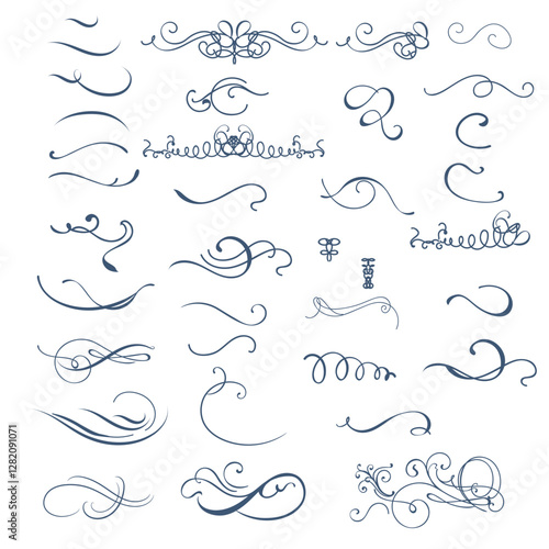Florish ornaments set, line style calligraphic collection. Filigree calligraphic ornamental curls. Decorative retro design elements for menu, certificate diploma, wedding invitation card
