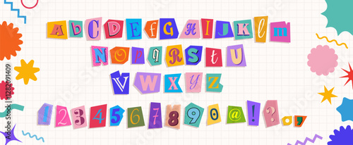 Magazine font set with colorful cutout letters, numbers and punctuation marks. Collage vector alphabet in trendy style with cute doodle elements. Newspaper or ransom font. Cut out paper torn alphabet