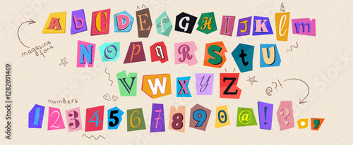 Colorful anonymous cutout font in y2k trendy style. Vector magazine alphabet with cut out letters from newspaper on different piece of paper. Retro grunge collage alphabet with cute doodle elements