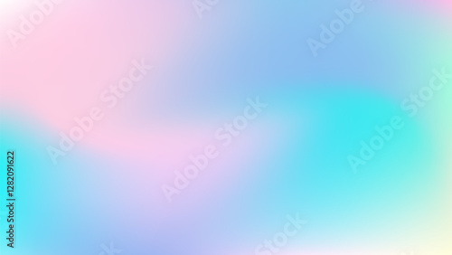 Pastel trend iridescent metallic backdrop. Colorful template for presentation, cover, and wallpaper. Abstract blue and pink gradient. Holographic vector background. Rainbow liquid texture bg. 