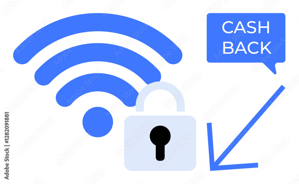 wireless signal symbol, padlock for security, CASH BACK text in speech bubble, and downward arrow. Ideal for online security, savings, finance, cash flow, internet safety cybersecurity wireless signal symbol, padlock for security, CASH BACK text in speech bubble, and downward arrow. Ideal for online security, savings, finance, cash flow, internet safety cybersecurity
