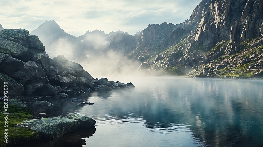 Obraz premium A serene alpine lake surrounded by rocky peaks, with mist hovering over the water in the early morning light