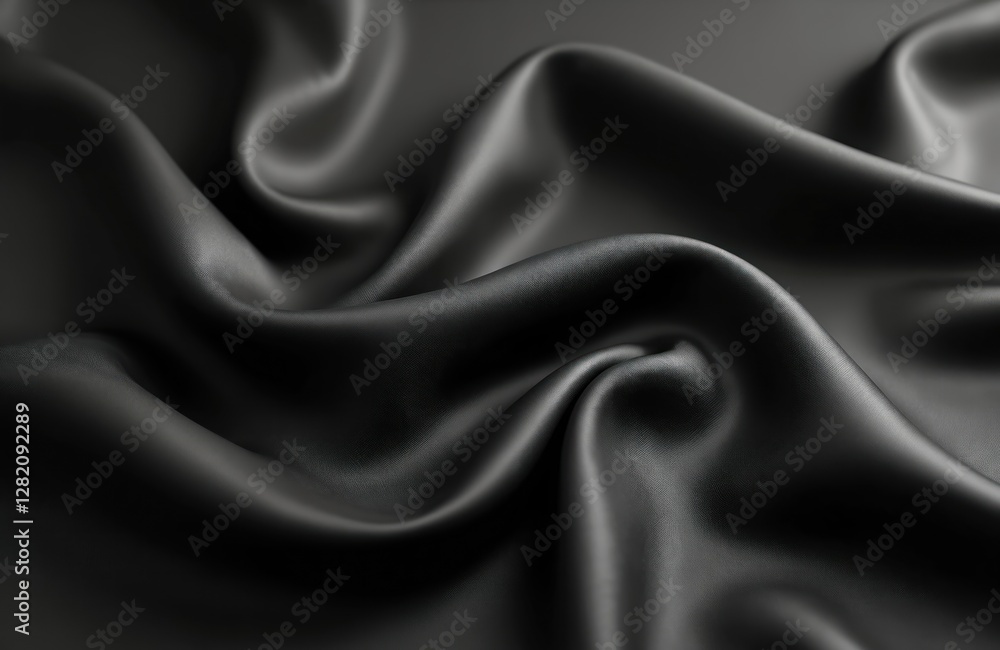 Fototapeta premium Elegant black satin fabric with smooth texture and flowing wavy surface. Dark grey color. Silky curves of draped cloth material. Luxury minimalist background for web design template.