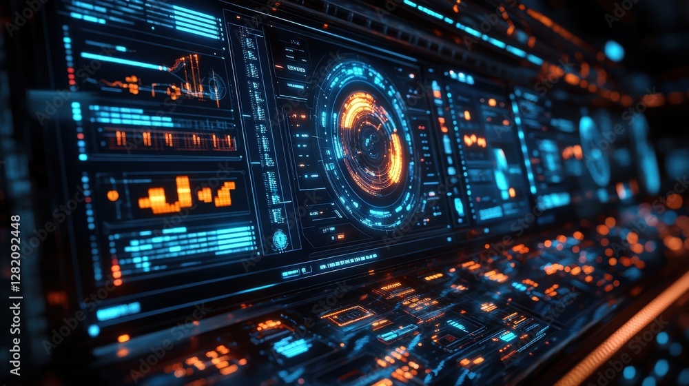 Futuristic control panel with glowing interfaces and data displays in a high-tech environment Futuristic control panel with glowing interfaces and data displays in a high-tech environment