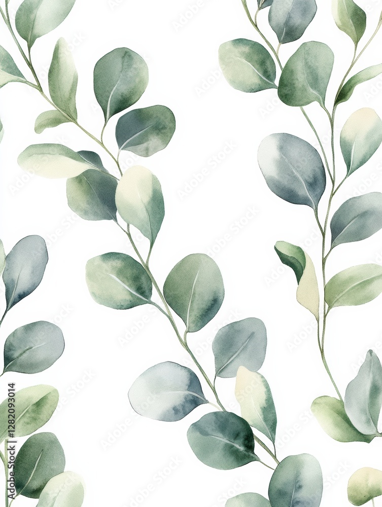 Elegant watercolor leaves intertwining in a soothing green and white pattern celebrating natures beauty in design. Generative AI Elegant watercolor leaves intertwining in a soothing green and white pattern celebrating natures beauty in design. Generative AI