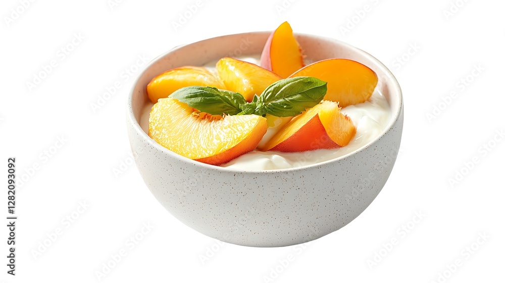 A bowl fresh peach slices with yogurt, isolated on white background A bowl fresh peach slices with yogurt, isolated on white background