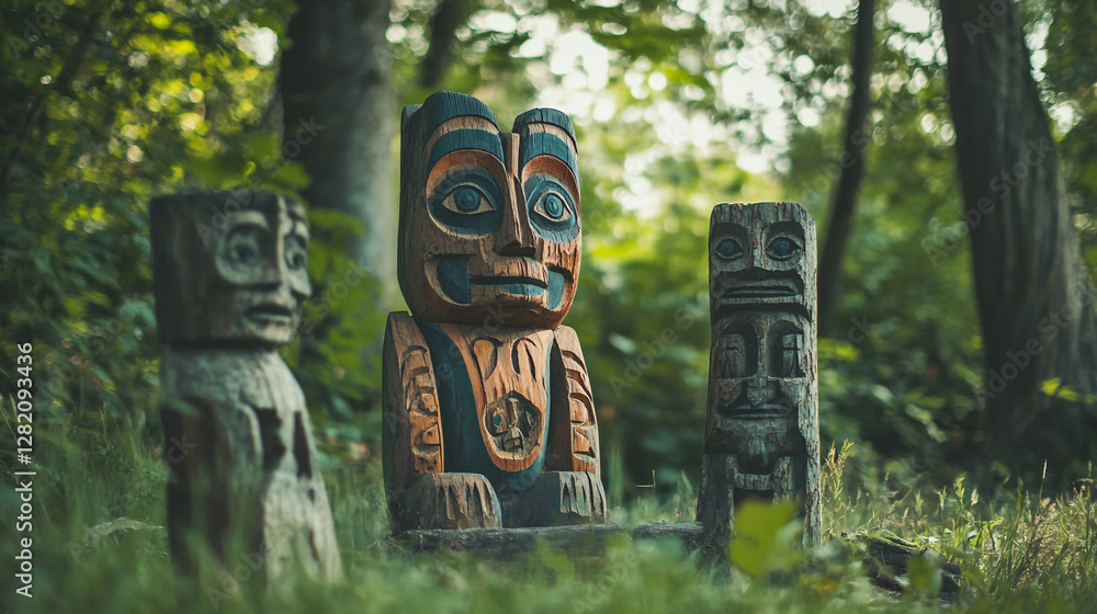 Unique tribal totem poles surrounded by greenery in a tranquil forest setting Unique tribal totem poles surrounded by greenery in a tranquil forest setting