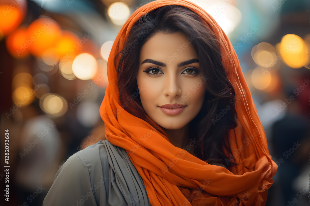 araffe woman with orange scarf and gray shirt in a crowded area araffe woman with orange scarf and gray shirt in a crowded area
