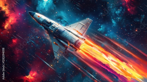Wallpaper Mural Futuristic spaceship traveling through colorful nebula with fiery trails in space Torontodigital.ca