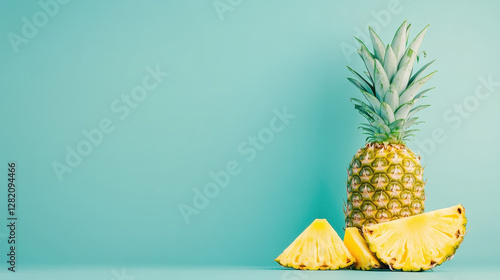 Fresh Pineapple with Slices on Bright Turquoise Background