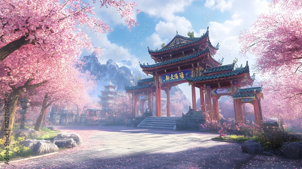 A traditional Chinese temple surrounded by blossoming cherry trees A traditional Chinese temple surrounded by blossoming cherry trees