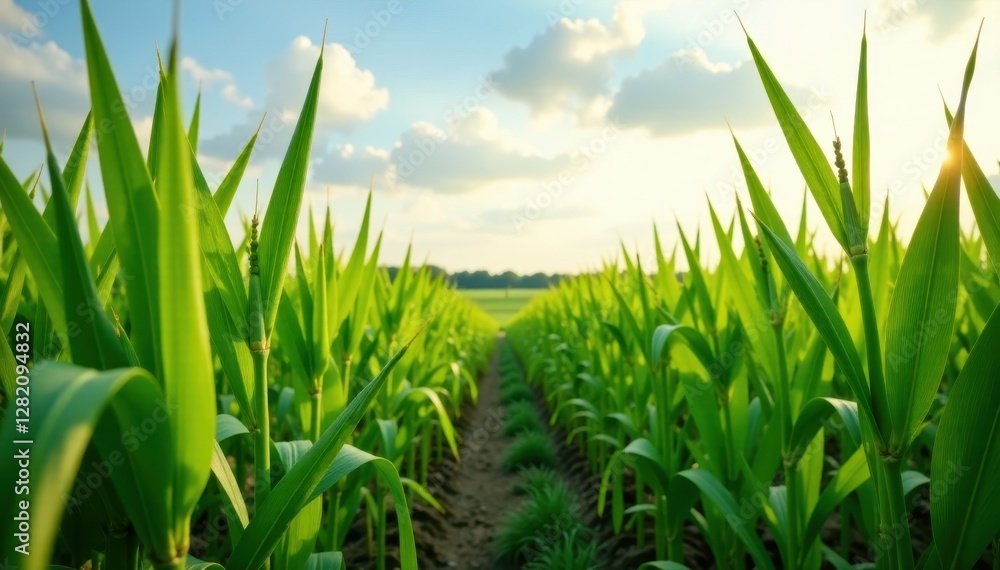 Fototapeta premium Tall corn stalks sway in the breeze among paddy field plants, corn, agriculture, farming