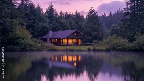Cozy cabin by the lake at sunset with warm lights reflecting on water, surrounded by lush trees and mountains in twilight hues.