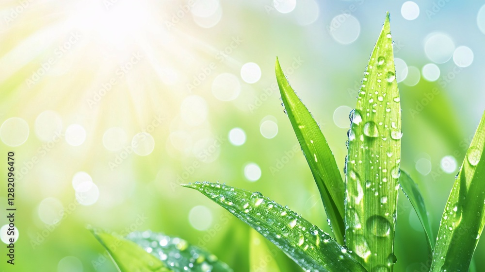 Green blades of grass with water droplets and bright sunlight Green blades of grass with water droplets and bright sunlight