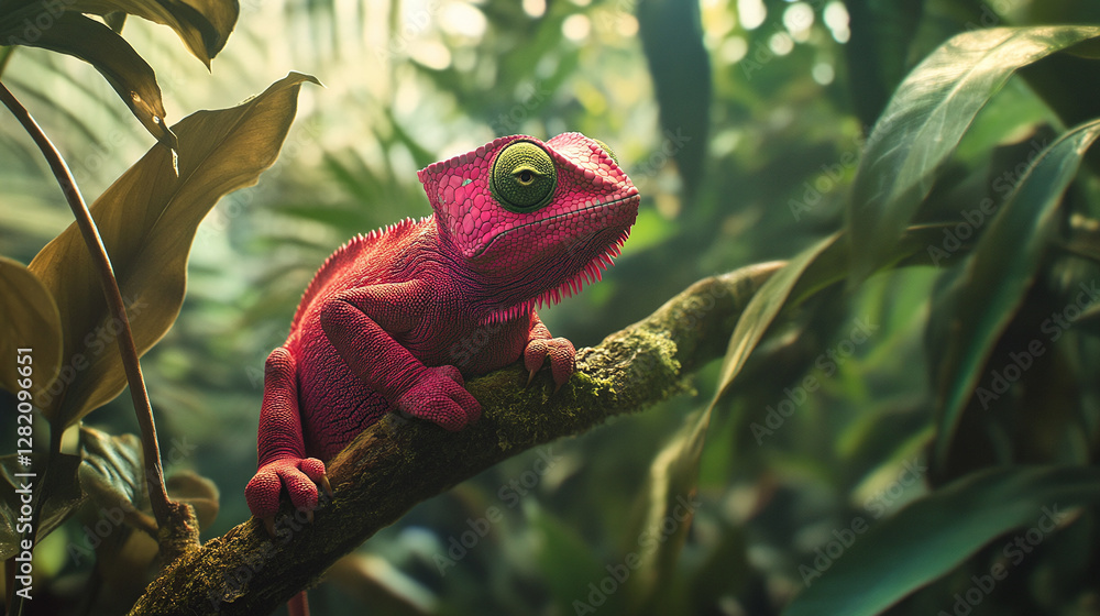 Magenta chameleon (fictious species) sitting on a branch in a tropical jungle. Magenta chameleon (fictious species) sitting on a branch in a tropical jungle.