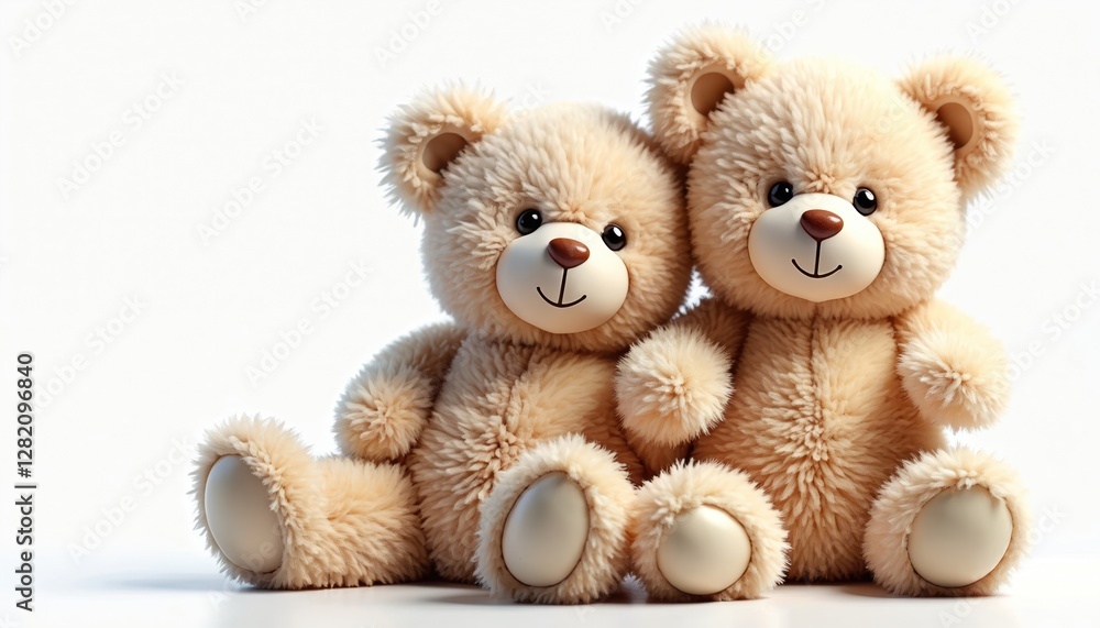 Fototapeta premium Pair of fluffy beige Teddy Bears sitting, embracing on white background. Two cute plush bears, best friends forever. Smiling toy animals for kids, birthday gift or baby shower present.