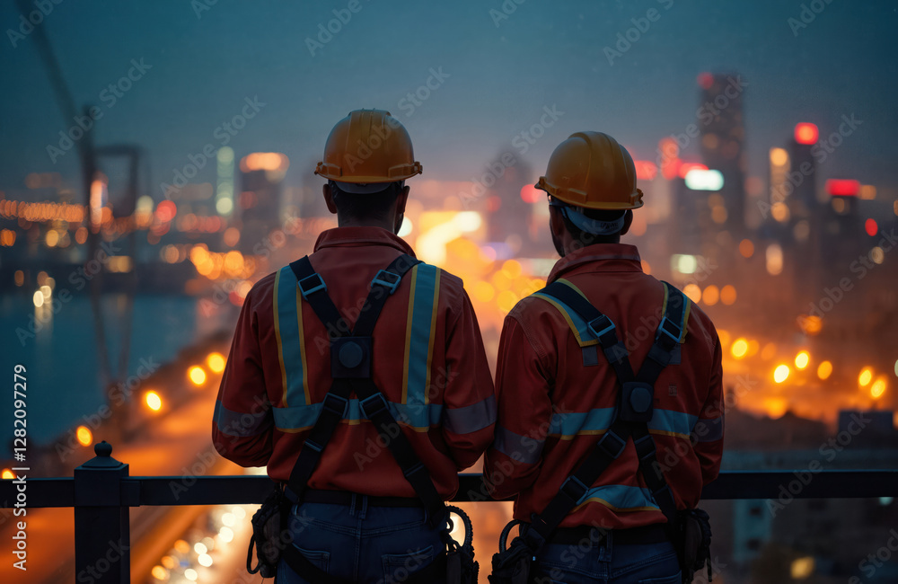 Two construction workers in uniform overlook illuminated cityscape at dusk. Construction engineers wear safety helmets, harnesses. Builders stand high above city lights, cables, tower blocks. Steel Two construction workers in uniform overlook illuminated cityscape at dusk. Construction engineers wear safety helmets, harnesses. Builders stand high above city lights, cables, tower blocks. Steel