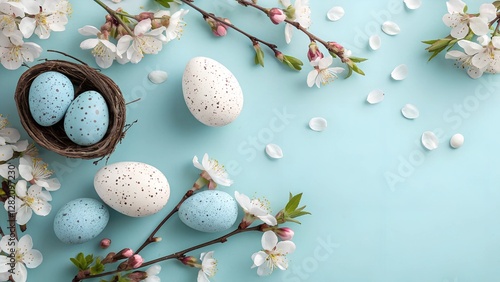 Speckled blue Easter eggs nestled among delicate white cherry blossoms on a pastel blue background. A soft and fresh spring holiday composition with natural elements.