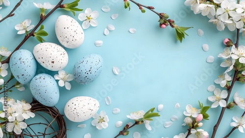 Speckled blue Easter eggs nestled among delicate white cherry blossoms on a pastel blue background. A soft and fresh spring holiday composition with natural elements.