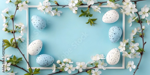 Speckled blue Easter eggs nestled among delicate white cherry blossoms on a pastel blue background. A soft and fresh spring holiday composition with natural elements.