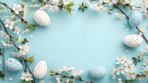 Speckled blue Easter eggs nestled among delicate white cherry blossoms on a pastel blue background. A soft and fresh spring holiday composition with natural elements.