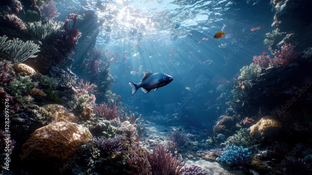 Beneath the Waves: A Colorful Underwater Scene with Coral and Fish in Clear Ocean Water Beneath the Waves: A Colorful Underwater Scene with Coral and Fish in Clear Ocean Water